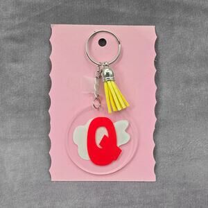 Letter Keychain Clear Silver Circle Handmade Acrylic Tassel‎ Flower Q Yellow